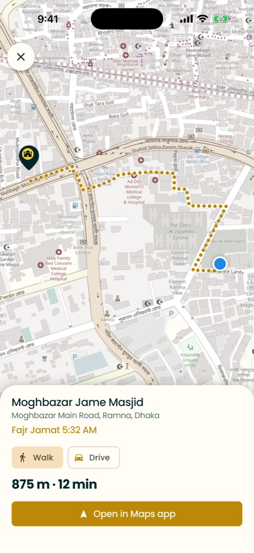 Walking route to a masjid