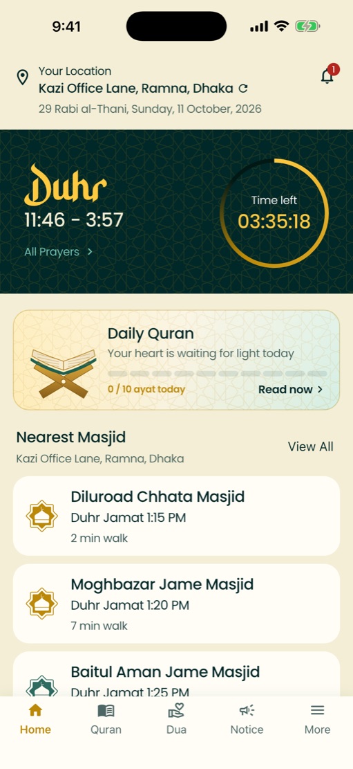 Muslimin home screen showing the current prayer and nearest masjids
